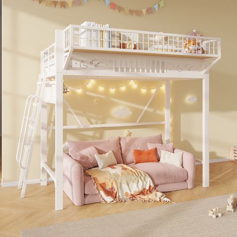 Letto a soppalco 90x200 cm in metallo bianco con contenitori, salvaspazio, senza materasso MEUBLIV (1/5)