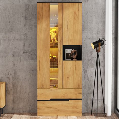 Vitrina de salón 70x35x180 cm MDF efecto madera negro LED USB 3 puertas 2 cajones - CHICFURN (1/5)