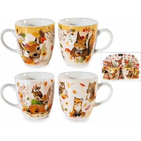 2 tazzine da caffè in porcellana con stampa animaletti del bosco, in confezione regalo sagomata, set da 4 pezzi, Tazzina: Ø 5,5 cm x 6 H