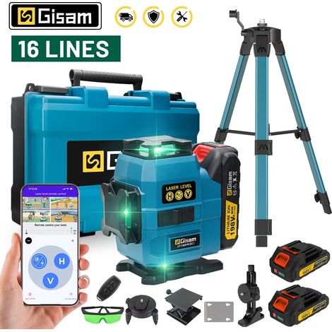 Niveau laser 4D à 16 lignes, laser vertical et horizontal professionnel à 360°,  compatible avec les batteries Makita 18V (2 batteries).