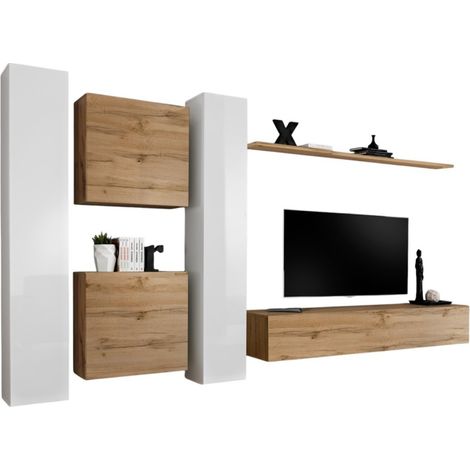 Set di mobili da parete per soggiorno SWITCH VI design, colore rovere Wotan e bianco lucido.