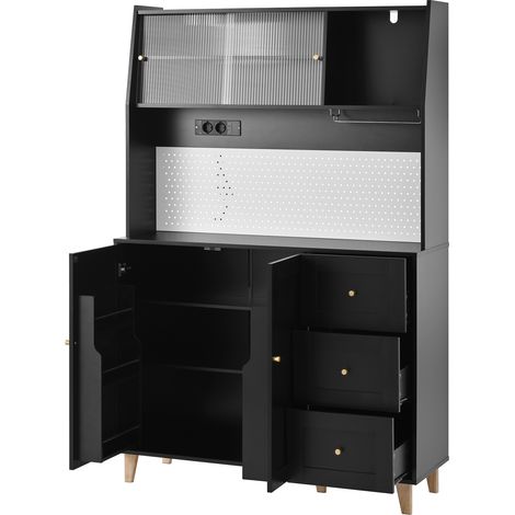 Armoire haute avec prises et panneau perforé, bar avec porte-verres à vin et espace de rangement, buffet de cuisine avec tiroirs, idéal pour la cuisine et la salle à manger (Noir) (1/5)