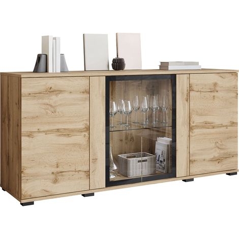 Aparador Torcame 102, Roble wotan, 70x150cm, Número de puertas: 040cm, Vidrio templado, Aglomerado laminado, LED (1/5)
