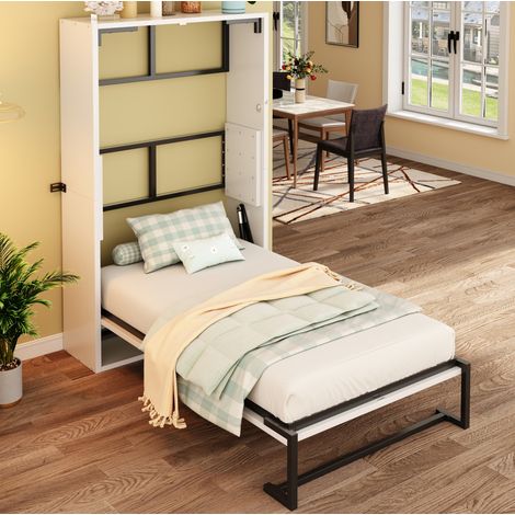 Bett Schrankbett 90x200 cm modern aus Metall und Holz in Weiß, Wandklappbett mit Sicherheitsverriegelung