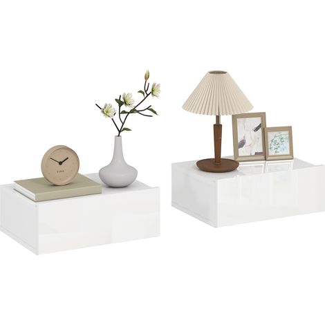 Set di 2 comodini sospesi con 1 cassetto a parete, stile moderno per camera da letto, 40x30x15 cm, bianco