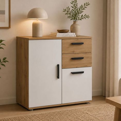 Credenza Leretifa, Madia 2 Cassetti, un Ripiano, Apertura Battente, Scorrevole, 71x33x75h cm Marrone Rovere (1/4)