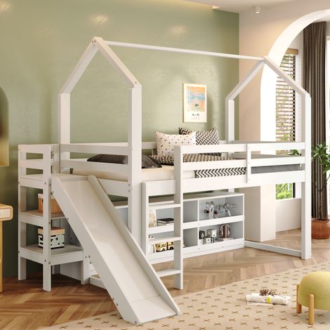 DESVIAE Lit enfant 90 x 200 cm avec toboggan escalier rangements et étagères blanc bois massif MDF (1/5)