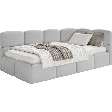 Selsey Cloudy – Jugendbett 120 cm, Bettkasten, Chenille, Kopfteil rechts, Hellgrau