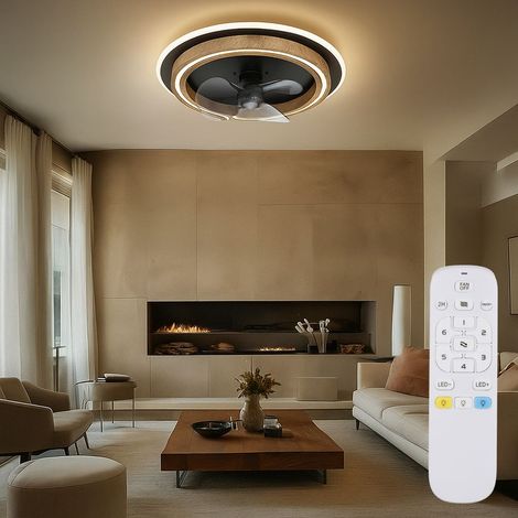 LED Deckenventilator mit Fernbedienung Deckenleuchte CCT dimmbar Ventilator Holzoptik rauch schwarz, Vor-Rücklauf 6-Stufen, 32W 1200Lm warm-kaltweiß, D 50 cm