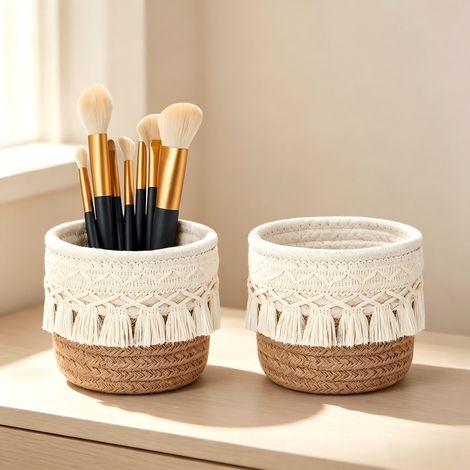 Panier de rangement rond tressé bohème avec franges (2 pièce), panier de bureau pour pinceaux de maquillage et accessoires, jute et coton 12×10 cm (1/4)