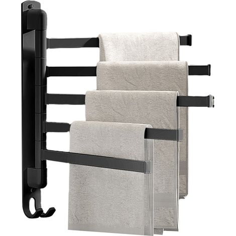 Porte-serviettes rotatif sans perçage pour salle de bain, noir, 5 barres, fixation murale, gain de place