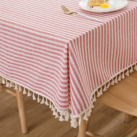 Nappe carrée en coton et lin à rayures et pompons, anti-poussière, idéale pour la décoration de la table de cuisine et de salle à manger (140 cm x 140 cm, beige) (1/5)