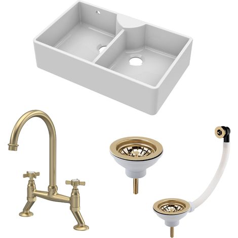 Fireclay Double Bowl Stepped Weir Butler Sink Bundle - 895mm with Wastes & Bridge Crosshead Tap - Brushed Brass (1/5)