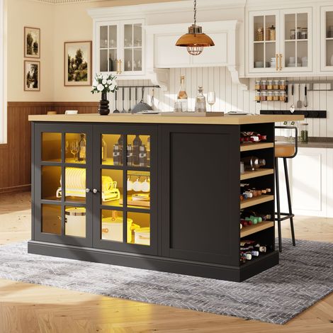 Îlot de Cuisine Pliant 120x40-70x90 cm Noir avec LED Multicolore USB, Range-Bouteilles et Tiroir (1/5)