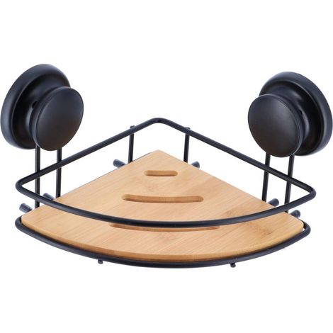 Étagère d'angle en métal Noir et Bambou fixation 2 ventouses - TENDANCE (1/3)