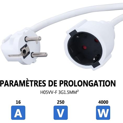 Electric Extension Cord - PVC Cable - H05VV-F 3G1.5mm², 16A/250V, 4000W - White (1/3)
