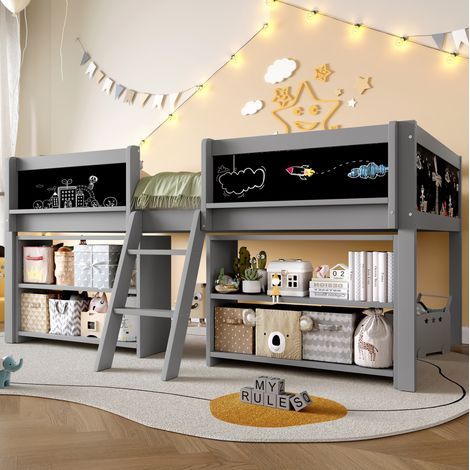 MEUBLIV Cama alta infantil 90x200 cm gris con almacenaje, escalera de seguridad, sin colchón (1/5)