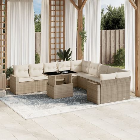 Set de Jardin Modulable 11 Pièces Résine Tressée Beige avec Coussins et Table à Plateau Réglable (1/5)