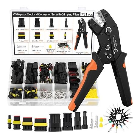 731PCS Kit Pince à Sertir, Pince à Sertir AWG16-20 (0.5-2.5mm²), pour Connecteurs Électriques Étanches Automobile (1 à 4 Broches), avec Extracteur de Bornes, pour Voiture/Camion/Bateau (1/5)