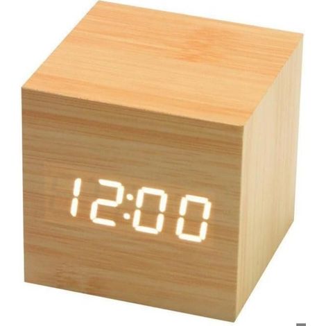 Réveil numérique cube bois bambou AUCUNE, tactile commande vocale, affichage heure température calendrier portable (1/4)