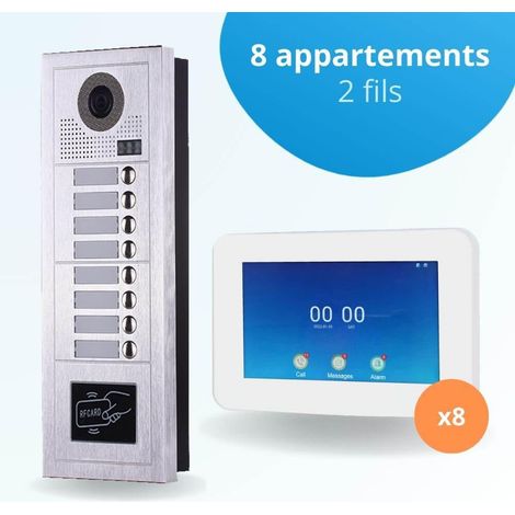 Portier interphone vidéo MODERN 2 Fils - 8 appartements - 8 écrans tactiles connectés 7" blanc - avec lecteur de badge (1/4)