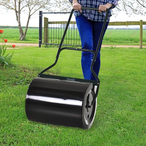 Rouleau à gazon avec poignée en U, rouleau de jardin, diamètre 40 cm, capacité de remplissage eau/sable 60 L, métal, noir, 57 x 40 x 123 cm
