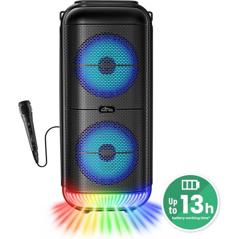 Altoparlante Bluetooth 5.3 portatile Power Audio TWS con luci da discoteca. Karaoke, radio FM, MP3, 50 W RMS / 900 W PMPO, batteria agli ioni di litio. Microfono incluso. (1/5)