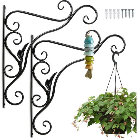 Jiubiaz Gancio per Cesto Appeso da Balcone - Confezione da 2 - Motivo a Foglia - Supporto a Muro in Metallo Nero per Piante da Esterno