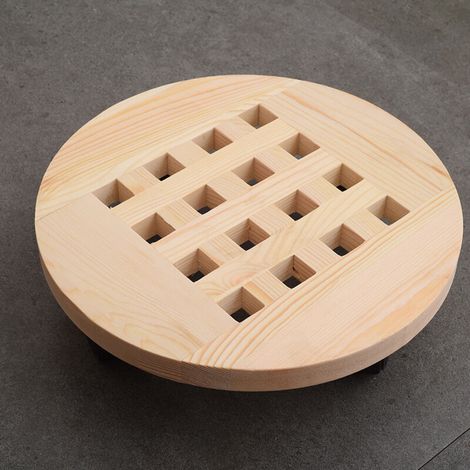 Plateau de pot de fleur rond en bois de couleur bois de 30 cm de diamètre, support de fleur mobile avec base de pot de fleur à roulettes, 2 pièces (1/5)