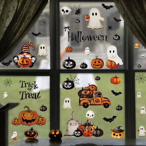 Pegatinas de pared de Halloween: pegatinas de fantasmas y calabazas,pegatinas de murciélagos de dibujos animados (1/2)