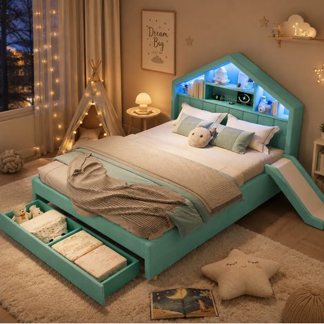 Lit cabane enfant capitonné 140x200 cm bleu-vert avec toboggan, LED et coffre (1/5)