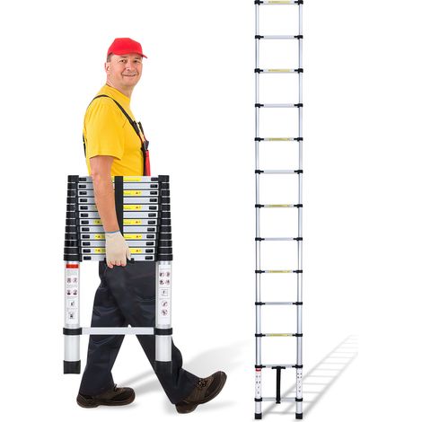 Randaco Escalera telescópica Pro 3,8 m, aluminio, 150 kg, patas antideslizantes