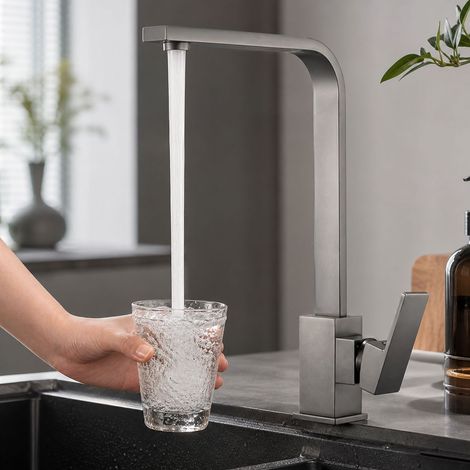 Robinet de cuisine mitigeur eau froide et chaude, design carré pivotant anti-éclaboussures, finition argent brossé, alliage durable pour évier (1/5)