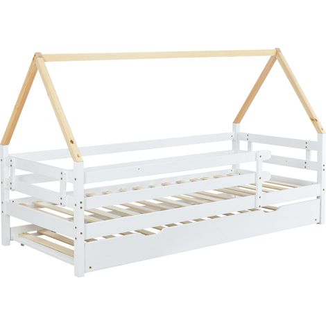 Cama casita infantil con cama nido, blanca y natural, 90x200 cm (1/5)