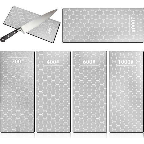 Set aus 5 Diamant-Schärfsteinen, Diamant-Messerschärfplatten, Körnung 200/400/600/1000/2000, wabenförmige Oberfläche mit rutschfester Unterseite für Scheren, Messer und Werkzeuge.