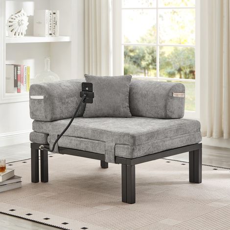 Fauteuil convertible 1 place en bois massif - 176 x 81 x 64 cm - Canapé lit en velours, avec coussin et dossier moelleux - Gris (1/5)
