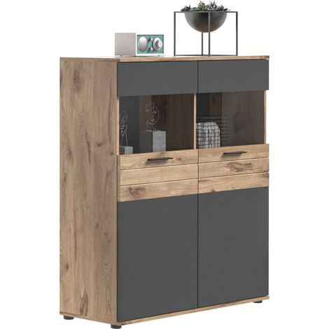 Buffet alto 2 porte in vetro – Grigio antracite e rovere chiaro – SELMA