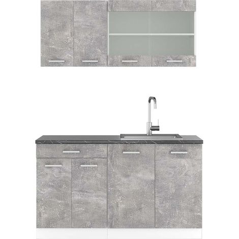 Singleküche R-Line, Beton/Weiß, 140 cm , AP Anthrazit, Vicco