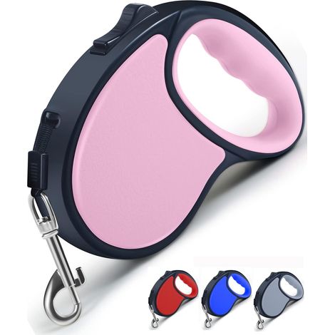 Guinzaglio retrattile a 360° da 5 m / 16 piedi, in nylon liscio e resistente, anti-groviglio, con impugnatura antiscivolo e freno a mano esclusivo, ideale per cani di taglia media e piccola (rosa). (1/5)