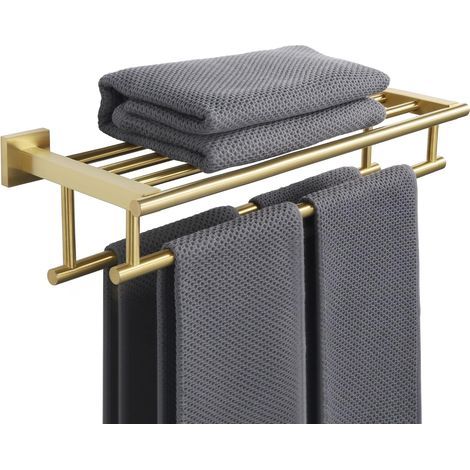 Double Barre Porte Serviette Mural de Salle de Bain, Support Serviette avec Étagère en Acier Inoxydable pour Cuisine Toilette, Longueur 50CM Doré (1/5)