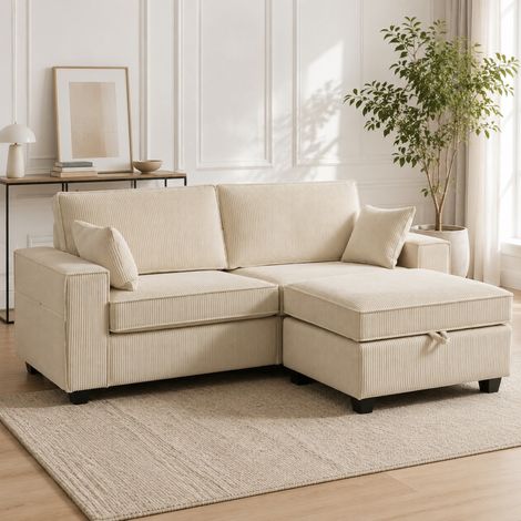 Ecksofa mit Stauraum-Ottomane, 3-Sitzer L-Form, Cord, Beige OKMYHOME (1/5)