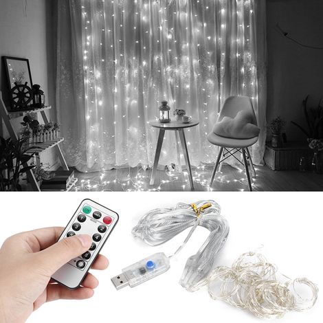 Guirlande lumineuse fil de cuivre 3x1 m 100 LED USB avec télécommande 8 modes pour fête mariage rideau décoratif Blanc pur (1/5)
