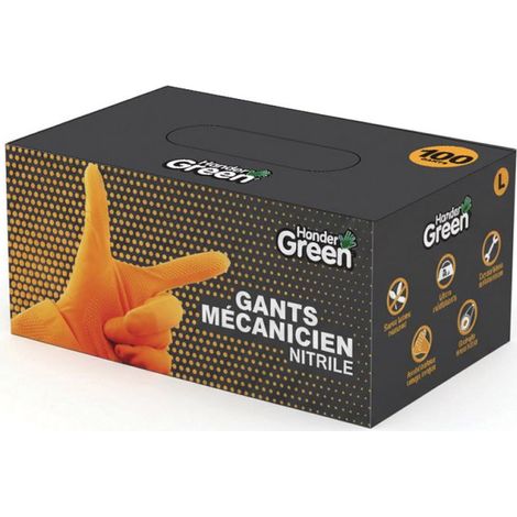 Gants de mécanicien nitrile orange taille L boîte de 100 Hander Green