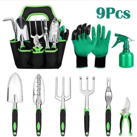 Ensemble d'outils de Jardin, Outils de Jardin en Aluminium 9 pièces avec Sac de Jardin, Gants de toilettage de Jardin, débroussailleuse, Pelle de Jardin, fête des mères de Jardin Hommes Femmes