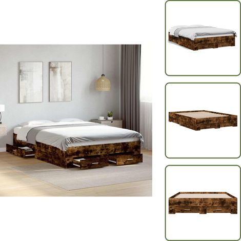 The Living Store Cadre de lit avec tiroirs sans matelas chêne fumé 135x190 cm - Lit Double - Cadre De Lit - Meuble De Chambre - Rangement Sous Lit - Tiroir De Lit