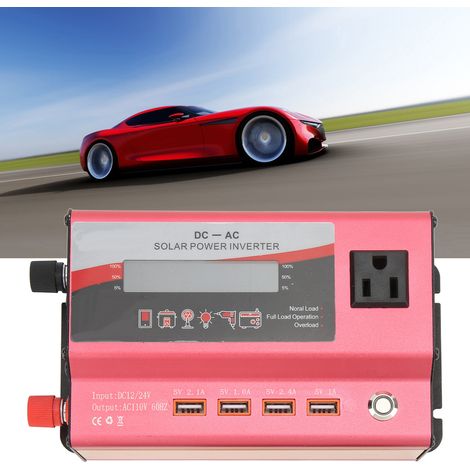 Kfz-Konverter, rot, Nennleistung 420 W, Dualspannung DC 12/24 V auf AC 110 V 60 Hz, LCD-Bildschirm mit Umgebungsbeleuchtung, 1 US-Standardstecker und 4 USB-Anschlüsse. (1/5)