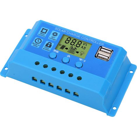 Régulateur de charge solaire PWM 12V 24V, écran LCD paramétrable, 2 ports USB, contrôleur bleu à affichage digital pour panneau solaire. (1/5)