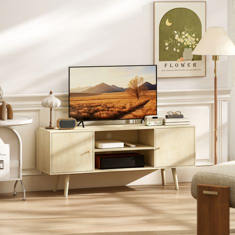 Meuble TV meuble télé pour téléviseur jusqu'à 55 pouces 2 placards et 2 étagères ouvertes 120x34x50cm effet bois naturel (1/5)