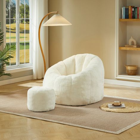 Fauteuil adulte 105x105x70 cm en tissu peluche blanc, avec repose-pieds pour salon FloraGrace (1/5)