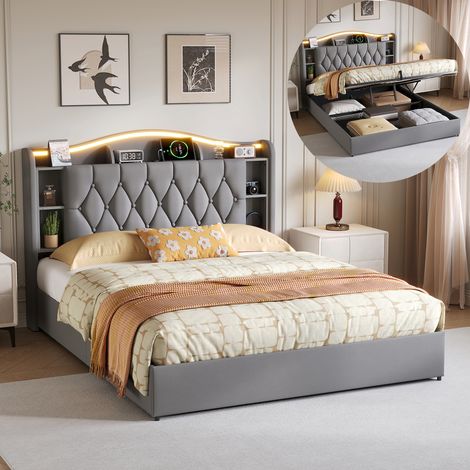 BSMGSGN-Lit coffre 140×200 cm avec rangement hydraulique, LED, recharge sans fil et ports USB. Structure en velours gris, sommier à lattes en bois. Lit double adultes/adolescents, sans matelas (1/5)